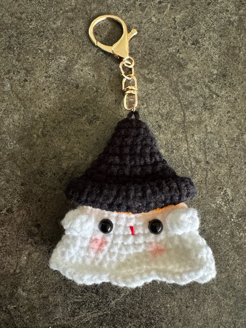 Handmade Crochet Ghost Purse Bag Charm Fob Keychain with Black Hat